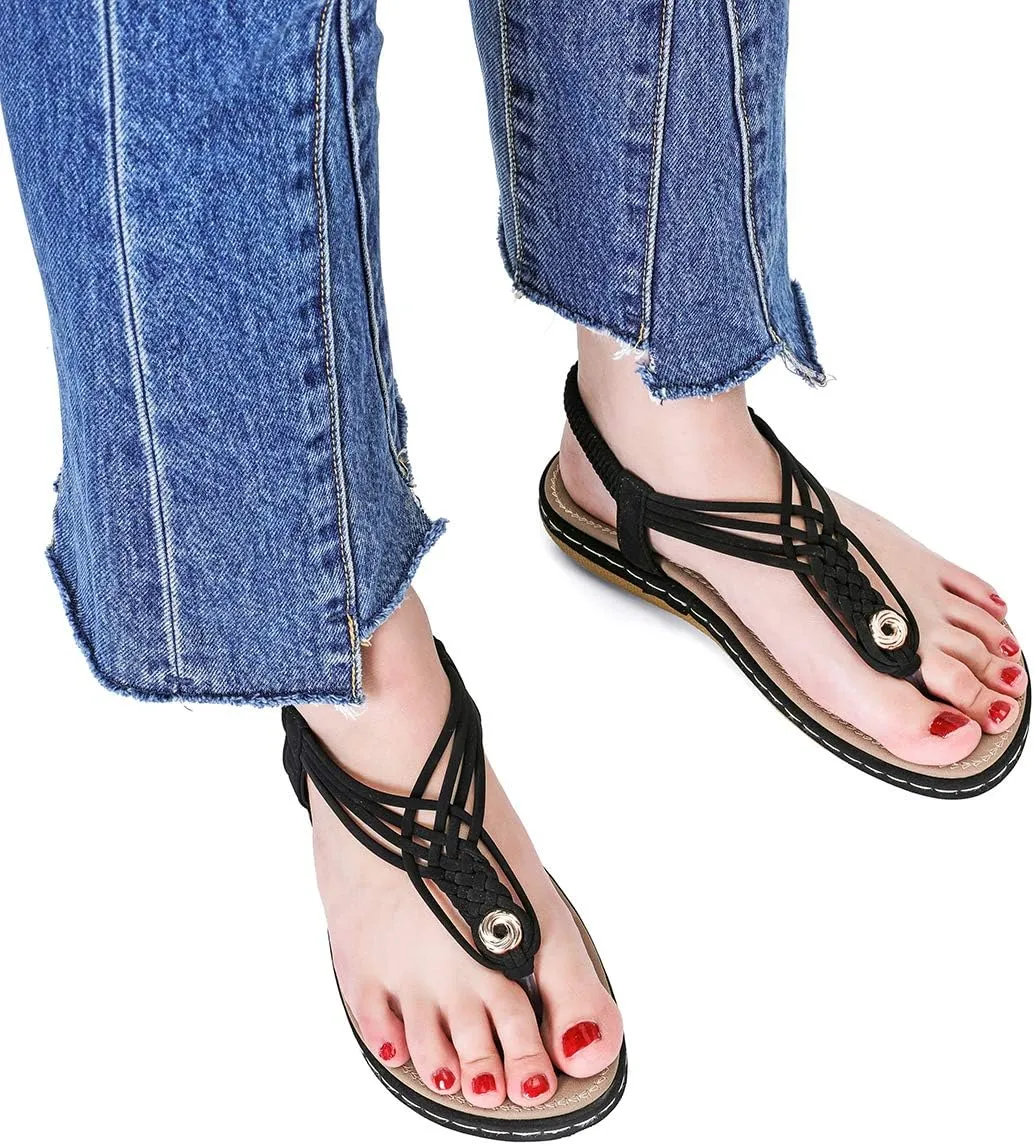 gracosy Summer Sandals for Women, Flat Sandals Flip Flops Thongs Clip Toe Slip On Elastic T-Strap Bohemia Beach Slippers