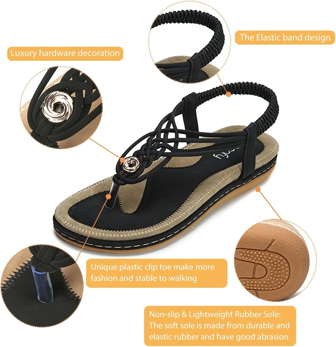 gracosy Summer Sandals for Women, Flat Sandals Flip Flops Thongs Clip Toe Slip On Elastic T-Strap Bohemia Beach Slippers