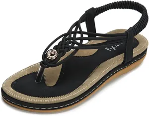 gracosy Summer Sandals for Women, Flat Sandals Flip Flops Thongs Clip Toe Slip On Elastic T-Strap Bohemia Beach Slippers