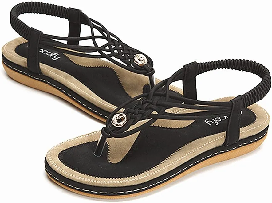 gracosy Summer Sandals for Women, Flat Sandals Flip Flops Thongs Clip Toe Slip On Elastic T-Strap Bohemia Beach Slippers