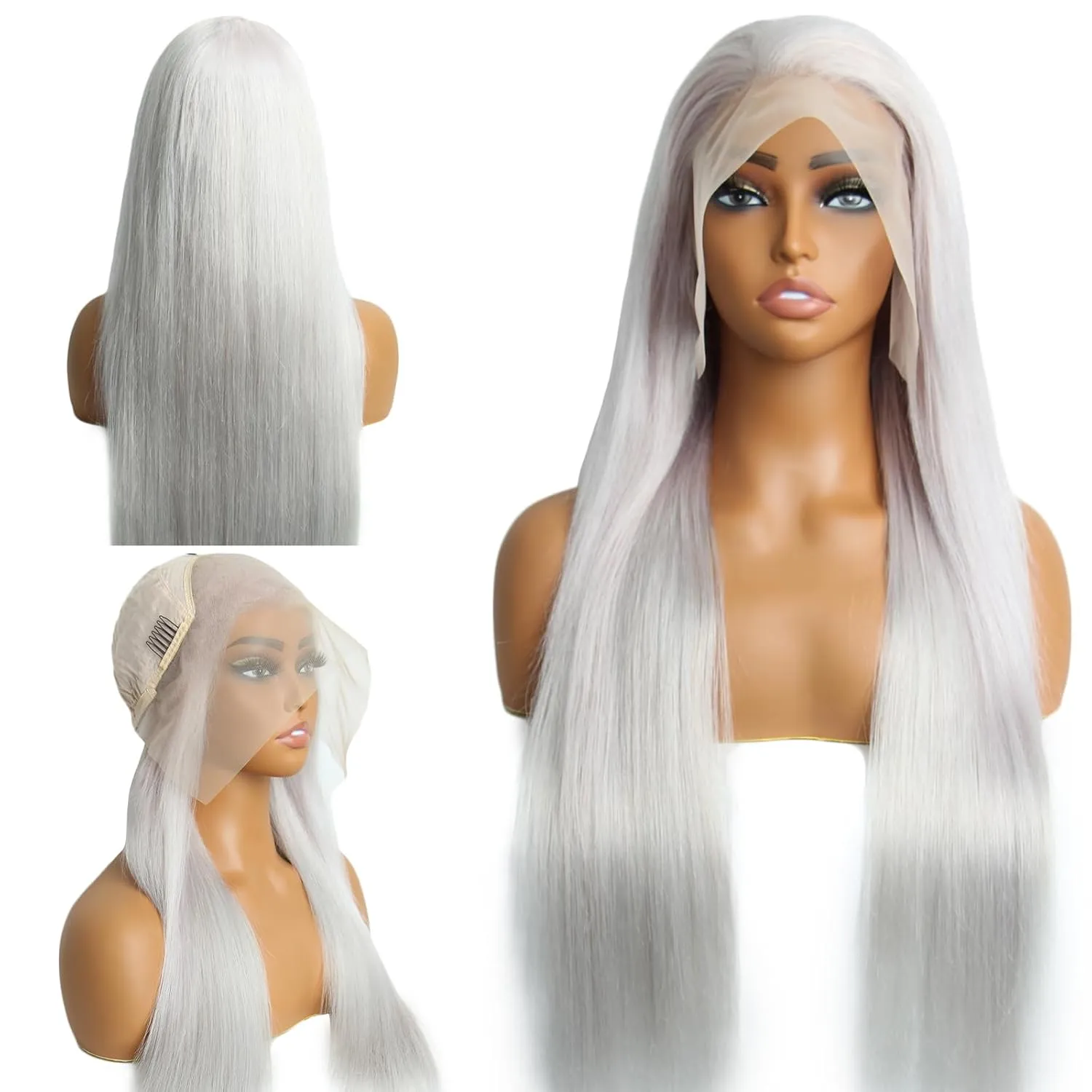 Gray Lace Front Human Hair Wig Gray Straight 13x4 Lace Front Wigs Human Hair with Baby Hair 180% Density for Daily Cosplay Party Holiday Wigs(30inches)