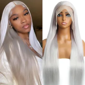 Gray Lace Front Human Hair Wig Gray Straight 13x4 Lace Front Wigs Human Hair with Baby Hair 180% Density for Daily Cosplay Party Holiday Wigs(30inches)