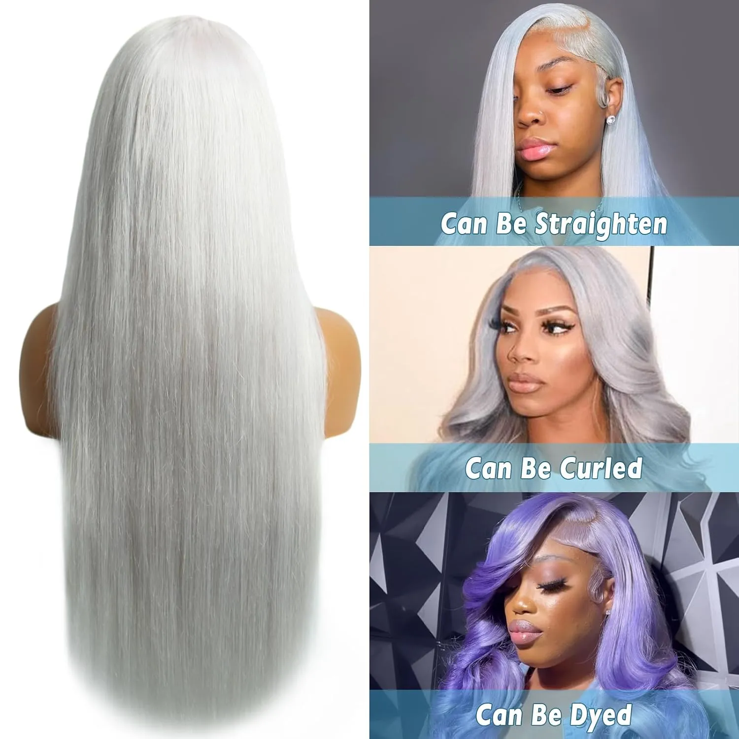 Gray Lace Front Human Hair Wig Gray Straight 13x4 Lace Front Wigs Human Hair with Baby Hair 180% Density for Daily Cosplay Party Holiday Wigs(30inches)