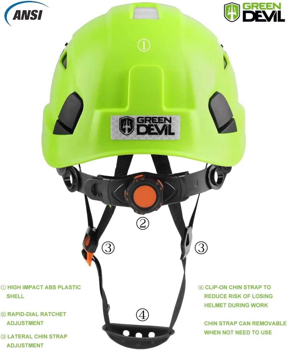 GREEN DEVIL Safety Helmet Hard Hat with Visor Chinstrap Adjustable Lightweight Vented ABS Work Helmet for Men and Women 6-Point Suspension ANSI Z89.1 Approved Ideal for Industrial & Construction