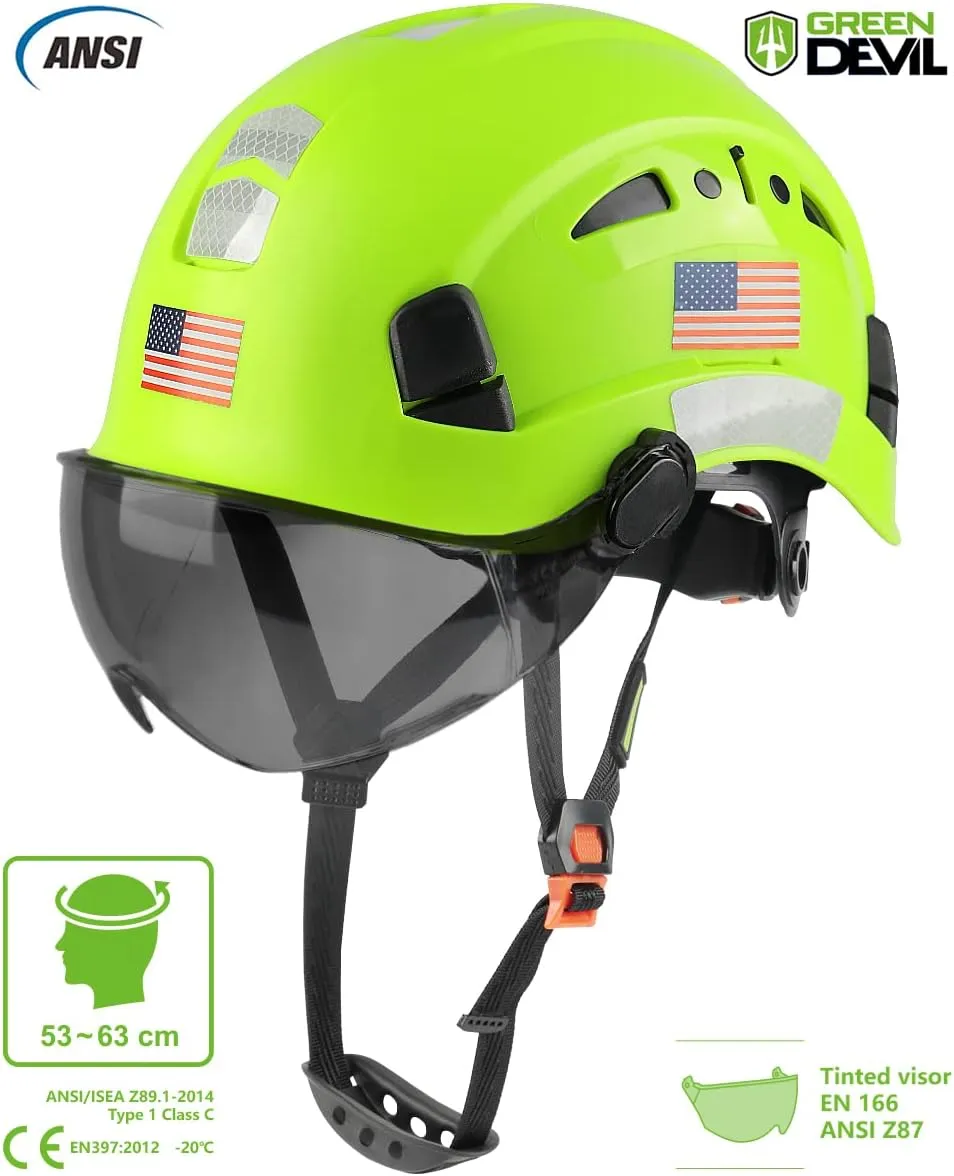 GREEN DEVIL Safety Helmet Hard Hat with Visor Chinstrap Adjustable Lightweight Vented ABS Work Helmet for Men and Women 6-Point Suspension ANSI Z89.1 Approved Ideal for Industrial & Construction