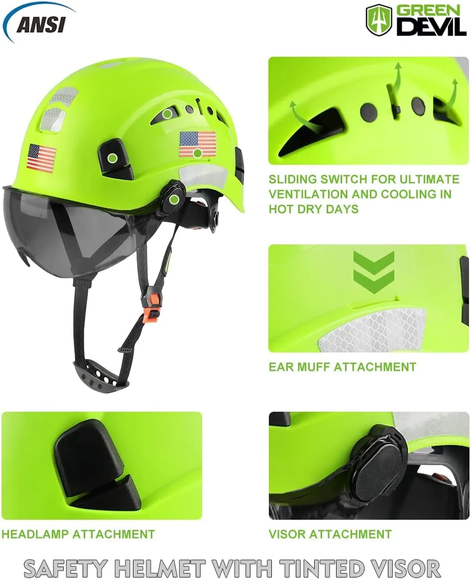 GREEN DEVIL Safety Helmet Hard Hat with Visor Chinstrap Adjustable Lightweight Vented ABS Work Helmet for Men and Women 6-Point Suspension ANSI Z89.1 Approved Ideal for Industrial & Construction