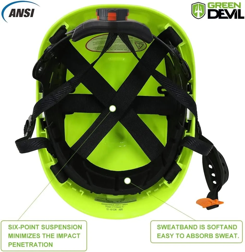 GREEN DEVIL Safety Helmet Hard Hat with Visor Chinstrap Adjustable Lightweight Vented ABS Work Helmet for Men and Women 6-Point Suspension ANSI Z89.1 Approved Ideal for Industrial & Construction