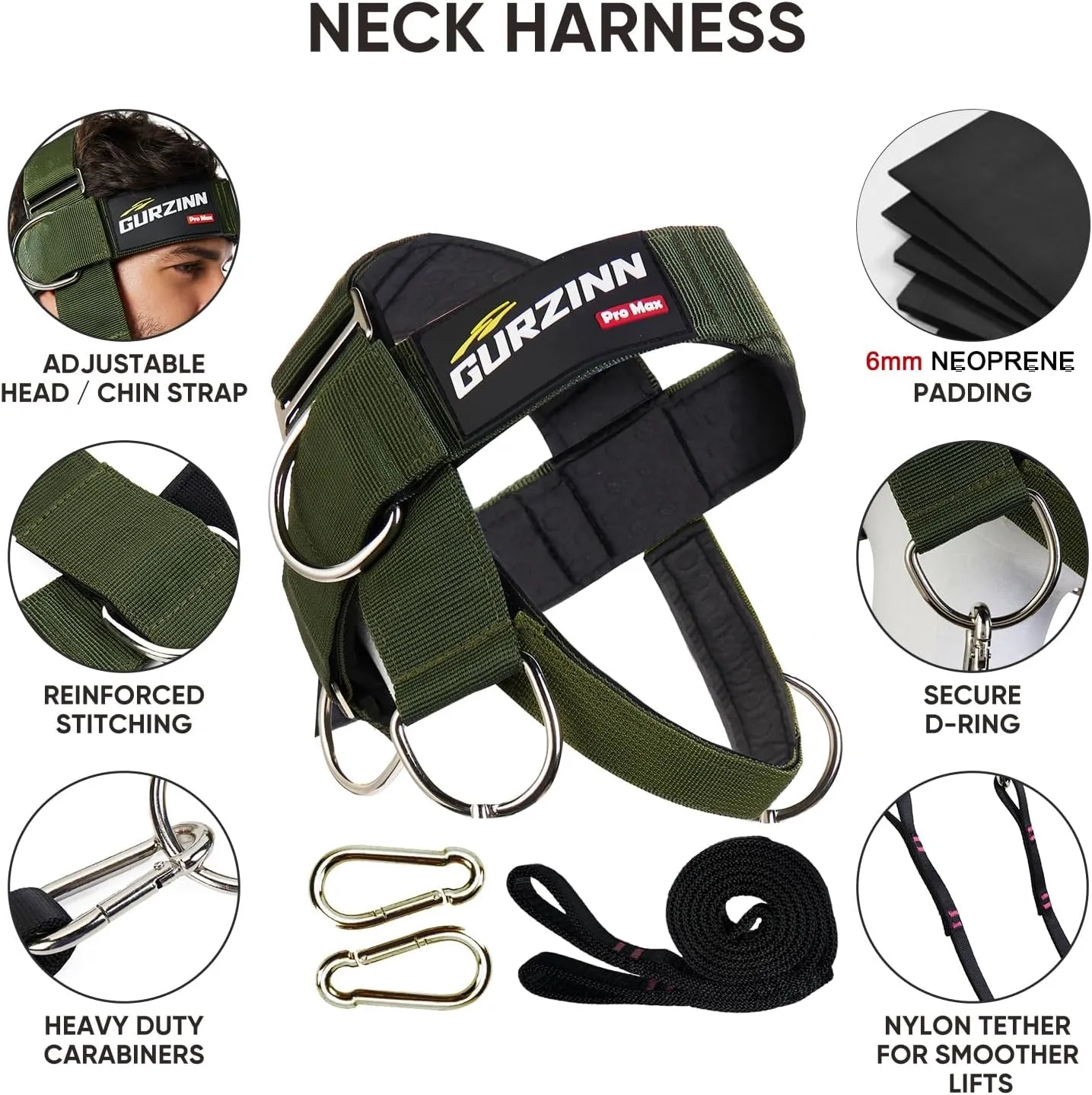 【GurZinn】Neck Trainer | Adjustable 40" Rope & Neoprene Padding | Strength Building for Gym/Home