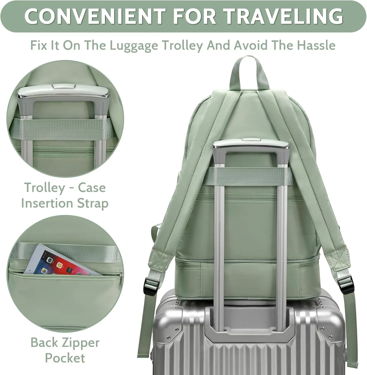 Gym Backpack with Shoe Compartment, Lightweight Backpacks for Travel, Workout Sports Swim Carry On Back Pack for Men Women, Water-resistant Personal Item Bag, Light Green
