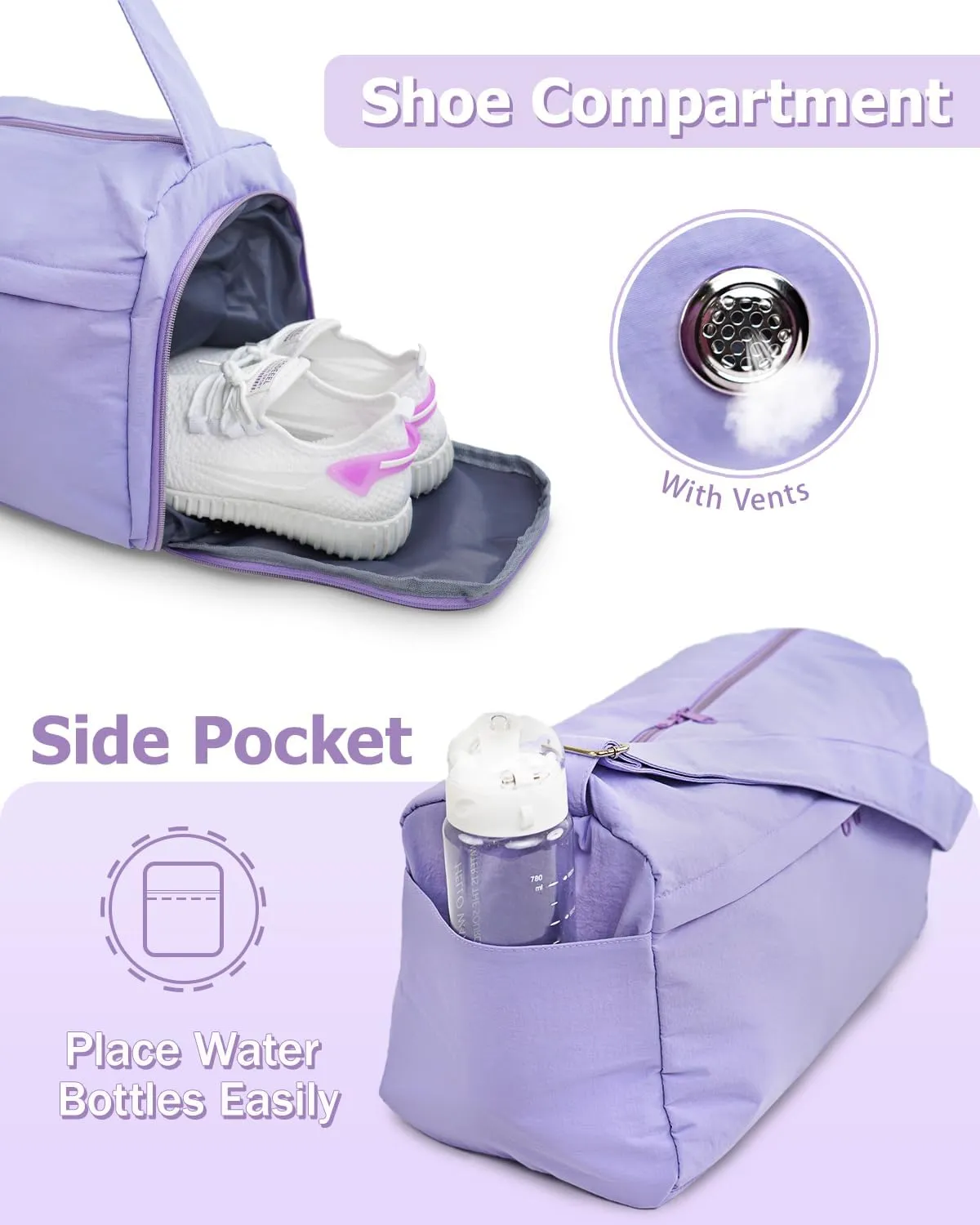 Gym Bag for Women with Shoe Compartment Sports Duffle Bag Men with Wet Pocket and Bottle Pocket Lightweight for Travel Workout, Purple