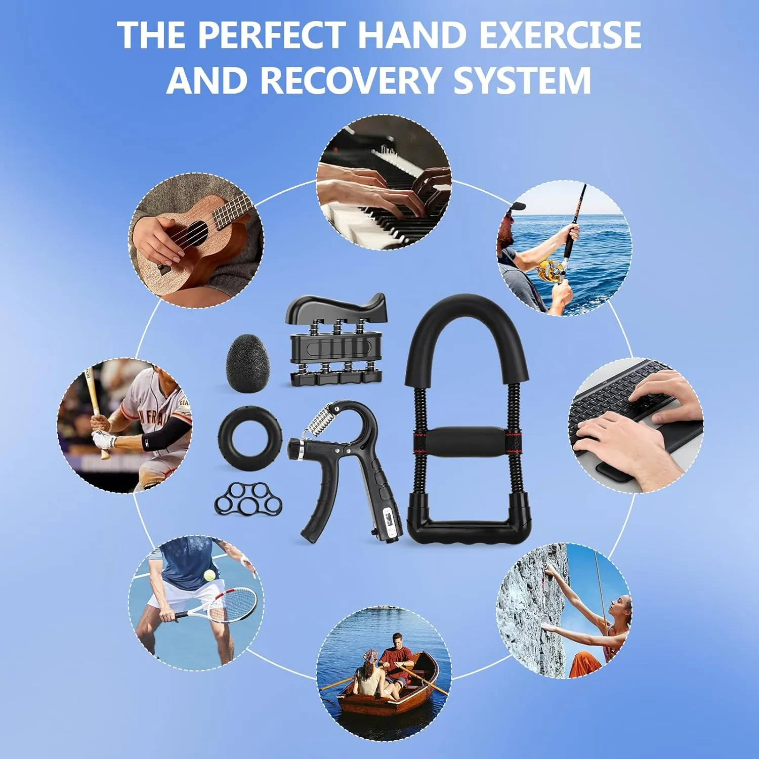 Hand Grip Strengthener Kit with Wrist Strengthener, Ultimate Hand Exerciser Set for Forearm Workout, Adjustable Grip Strength Trainer, Stress Relief Ball, Exercise Ring, Training and Recovery