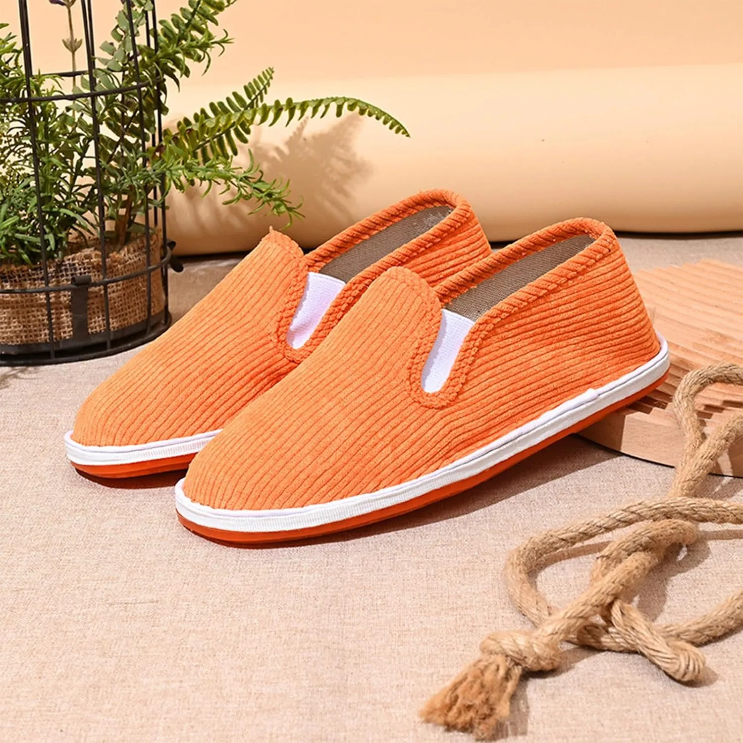 Handmade Fashion Women's Retro Linen Shoes, Slip on Flat Heel Casual Footwear, Soft Traditional Chinese Breathable Flat Shoes,7,Orange