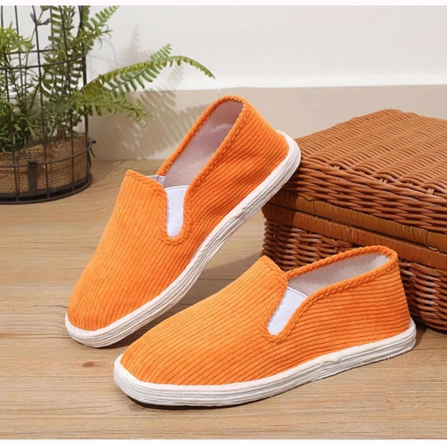 Handmade Fashion Women's Retro Linen Shoes, Slip on Flat Heel Casual Footwear, Soft Traditional Chinese Breathable Flat Shoes,7,Orange
