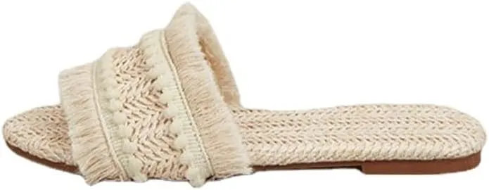 HBJWOV Large Size Women's Slippers for Foreign Trade Flat Bottomed Tassels for External Wear Women's Sandals