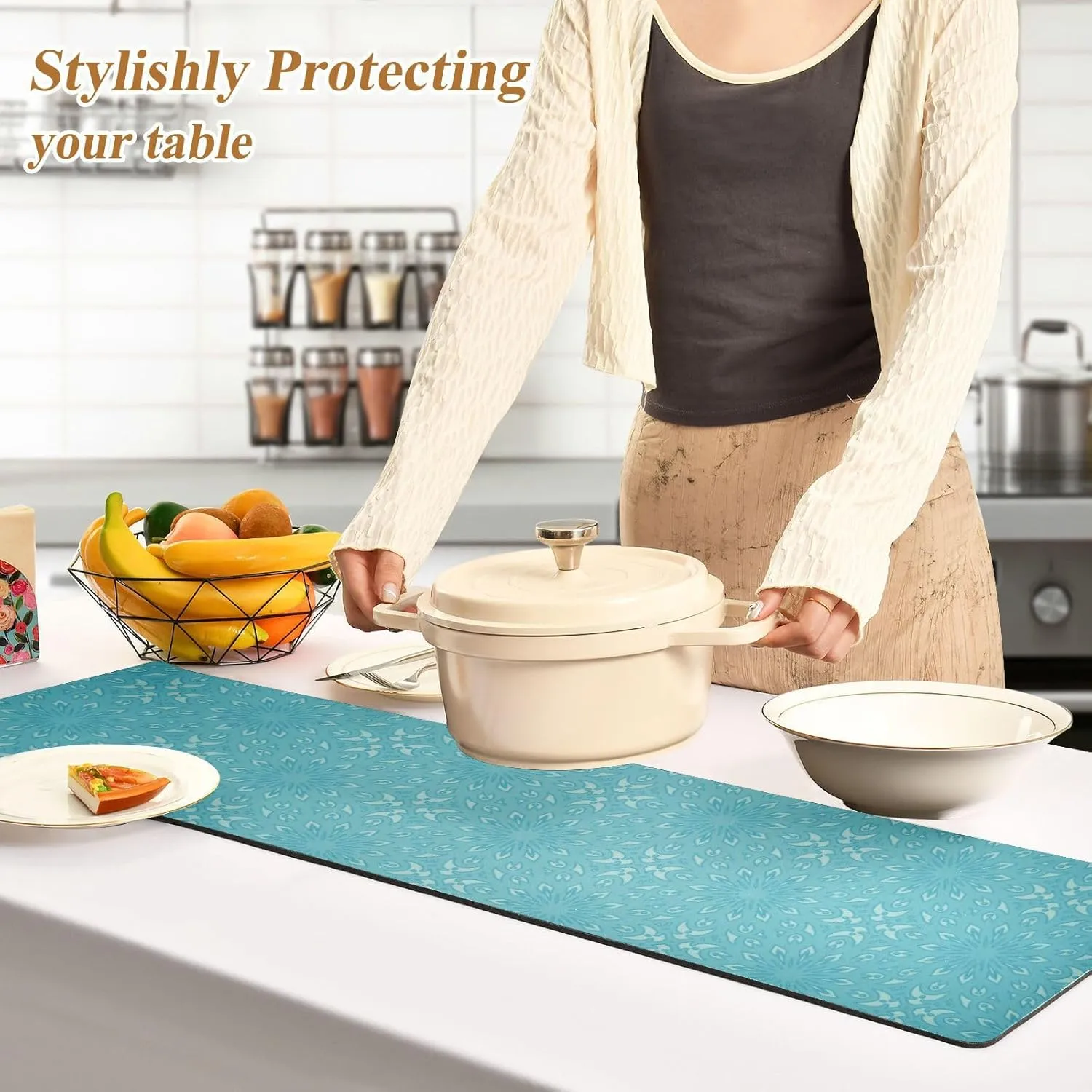 Heat Resistant Table Runner&Trivet Runners Anti Slip Waterproof Trivets for Hot Dishes and Pans Kitchen Farmhouse Wedding Party Countertops Decoration 12X39 in Blue Pattern