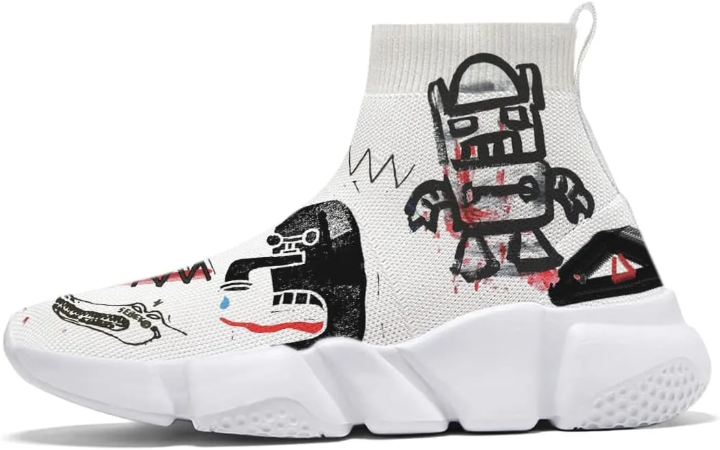 Hetios Mens Walking Shoes Graffiti Sneakers Running Shoes Sock Shoes Lightweight Comfy Breathable Multicolor