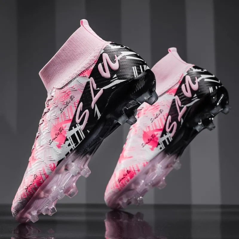 High Top Soccer Cleats, Professional Training Shoes, Anti-Slip Rubber Sole, Pink/Black, Long Spikes for Grass Field
