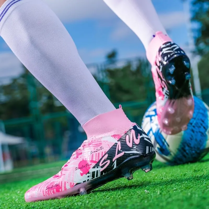 High Top Soccer Cleats, Professional Training Shoes, Anti-Slip Rubber Sole, Pink/Black, Long Spikes for Grass Field