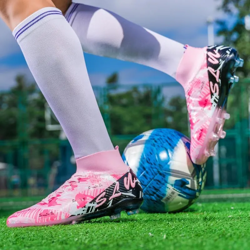High Top Soccer Cleats, Professional Training Shoes, Anti-Slip Rubber Sole, Pink/Black, Long Spikes for Grass Field