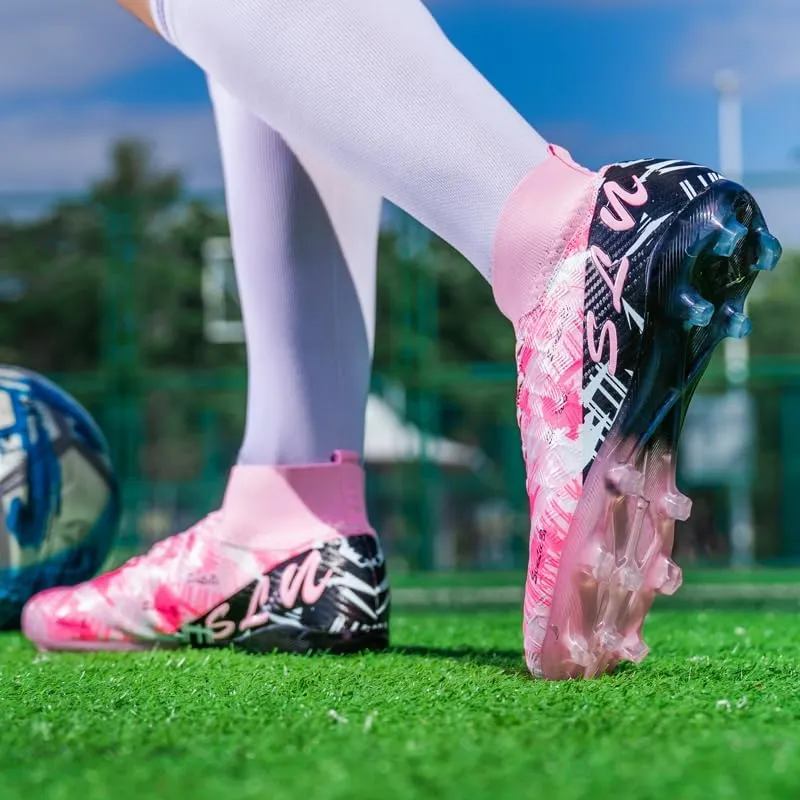 High Top Soccer Cleats, Professional Training Shoes, Anti-Slip Rubber Sole, Pink/Black, Long Spikes for Grass Field