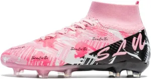 High Top Soccer Cleats, Professional Training Shoes, Anti-Slip Rubber Sole, Pink/Black, Long Spikes for Grass Field