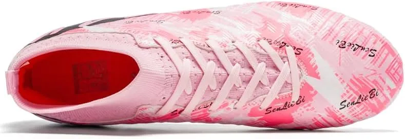 High Top Soccer Cleats, Professional Training Shoes, Anti-Slip Rubber Sole, Pink/Black, Long Spikes for Grass Field