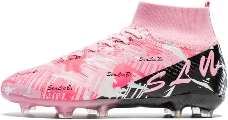 High Top Soccer Cleats, Professional Training Shoes, Anti-Slip Rubber Sole, Pink/Black, Long Spikes for Grass Field