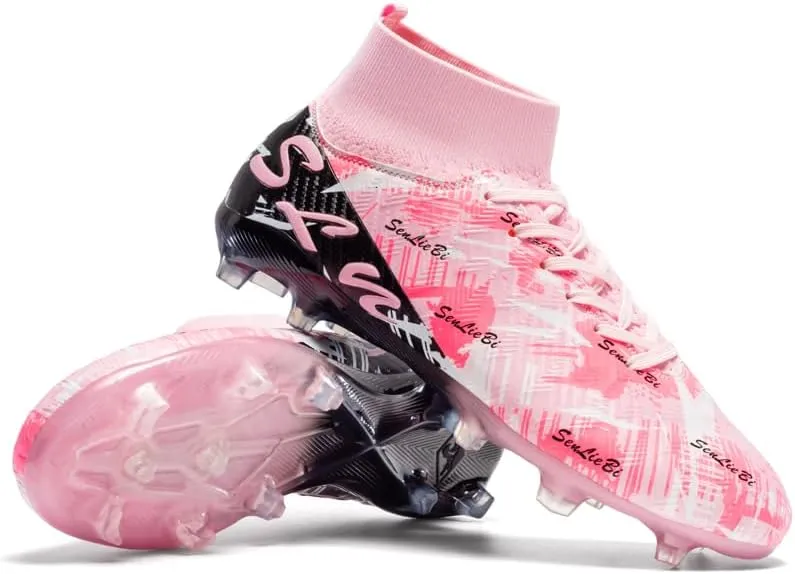 High Top Soccer Cleats, Professional Training Shoes, Anti-Slip Rubber Sole, Pink/Black, Long Spikes for Grass Field