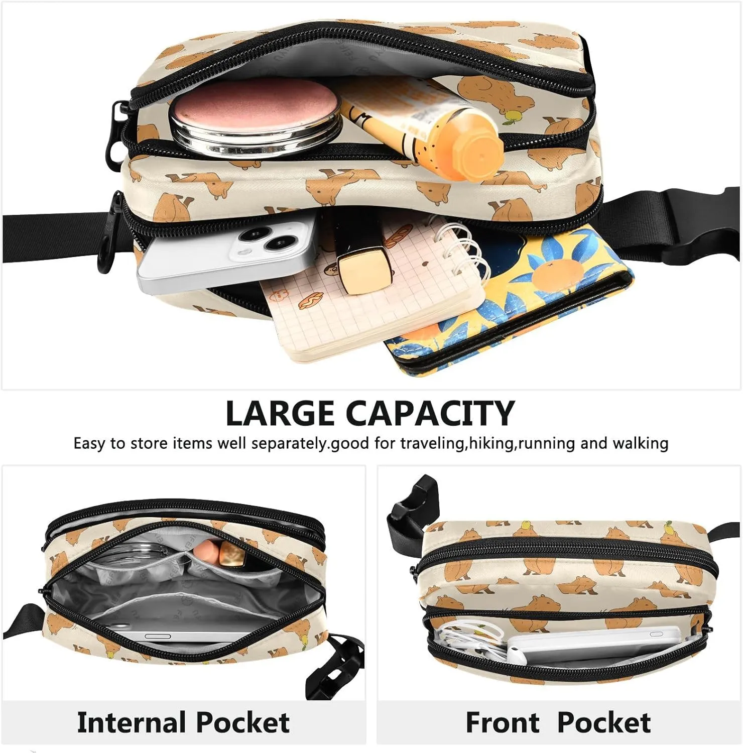 Hiking Fanny Pack Cute Capybara Waist Pack Fashion Casual Hip Bum Bag with Adjustable Strap for Women & Men Hands Free Crossbody Bags for Outdoors, Hiking, Running, Travel