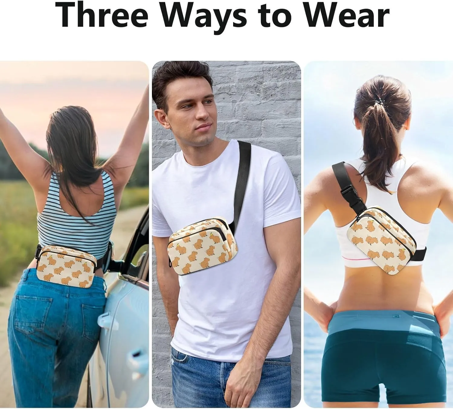 Hiking Fanny Pack Cute Capybara Waist Pack Fashion Casual Hip Bum Bag with Adjustable Strap for Women & Men Hands Free Crossbody Bags for Outdoors, Hiking, Running, Travel