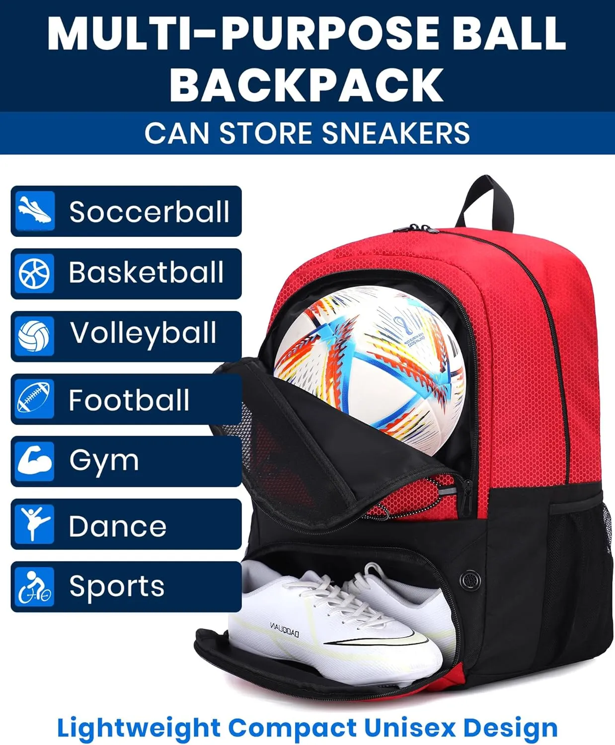 HMLIN Soccer Backpack,Basketball Backpack with Ball Compartment &Shoe Compartment,Sports Bag for Basketball,Soccer,Football& Volleyball