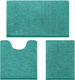 HOMEIDEAS 3 Pieces Bathroom Rugs, Ultra Soft Non Slip Absorbent Chenille Toilet Bath Mat Set (Teal)
