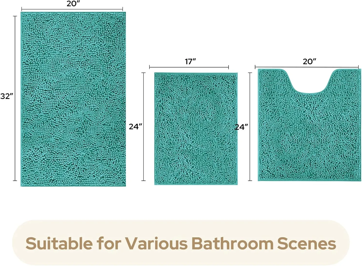 HOMEIDEAS 3 Pieces Bathroom Rugs, Ultra Soft Non Slip Absorbent Chenille Toilet Bath Mat Set (Teal)