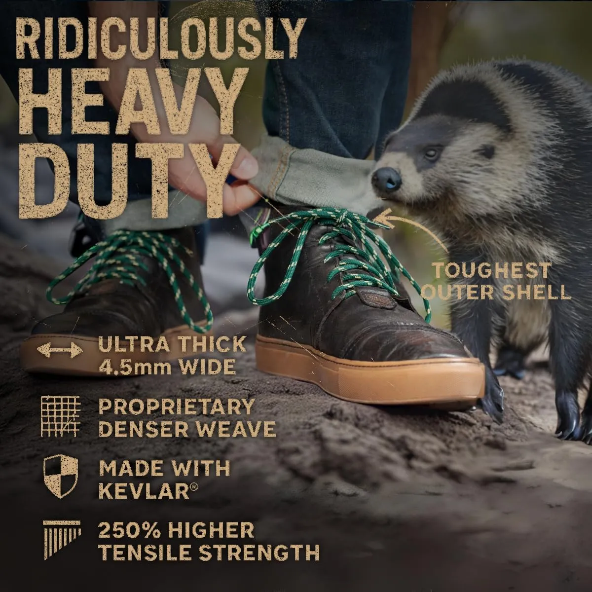 Honey Badger Boot Laces, USA Made Indestructible Shoelaces, Round Heavy Duty Bootlaces for Work & Hiking