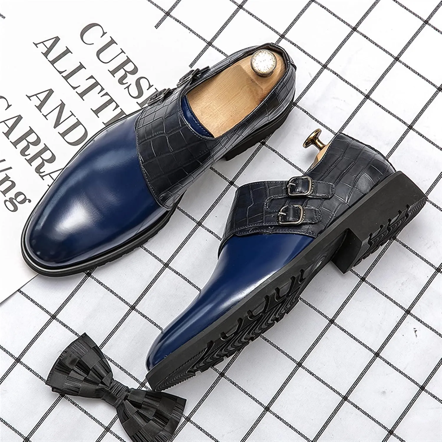 HOOENG Dress Formal Shoes for Men Slip On Patchwork Crocodile Print Round Burnished Toe PU Leather Non Slip Anti-Slip Rubber Sole Working