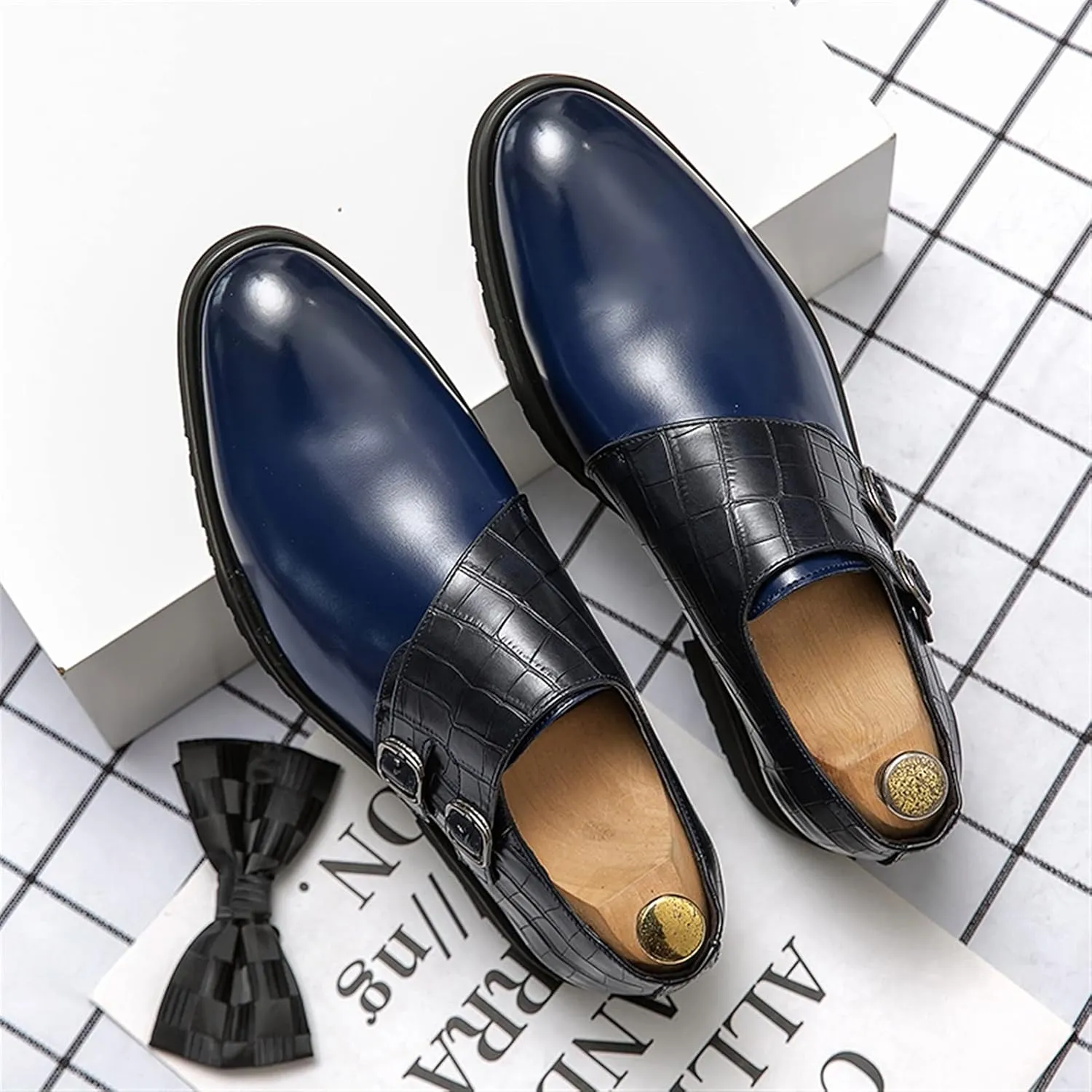 HOOENG Dress Formal Shoes for Men Slip On Patchwork Crocodile Print Round Burnished Toe PU Leather Non Slip Anti-Slip Rubber Sole Working