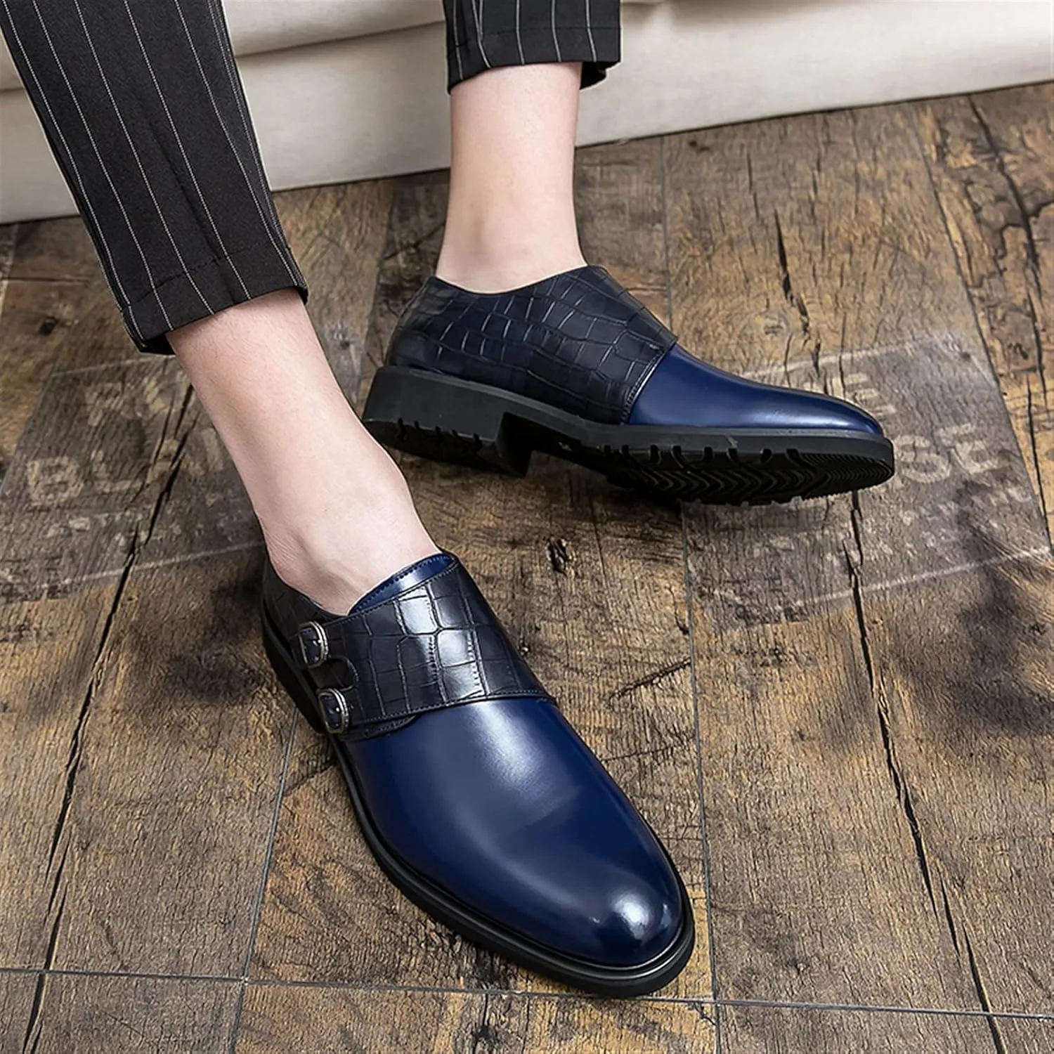 HOOENG Dress Formal Shoes for Men Slip On Patchwork Crocodile Print Round Burnished Toe PU Leather Non Slip Anti-Slip Rubber Sole Working