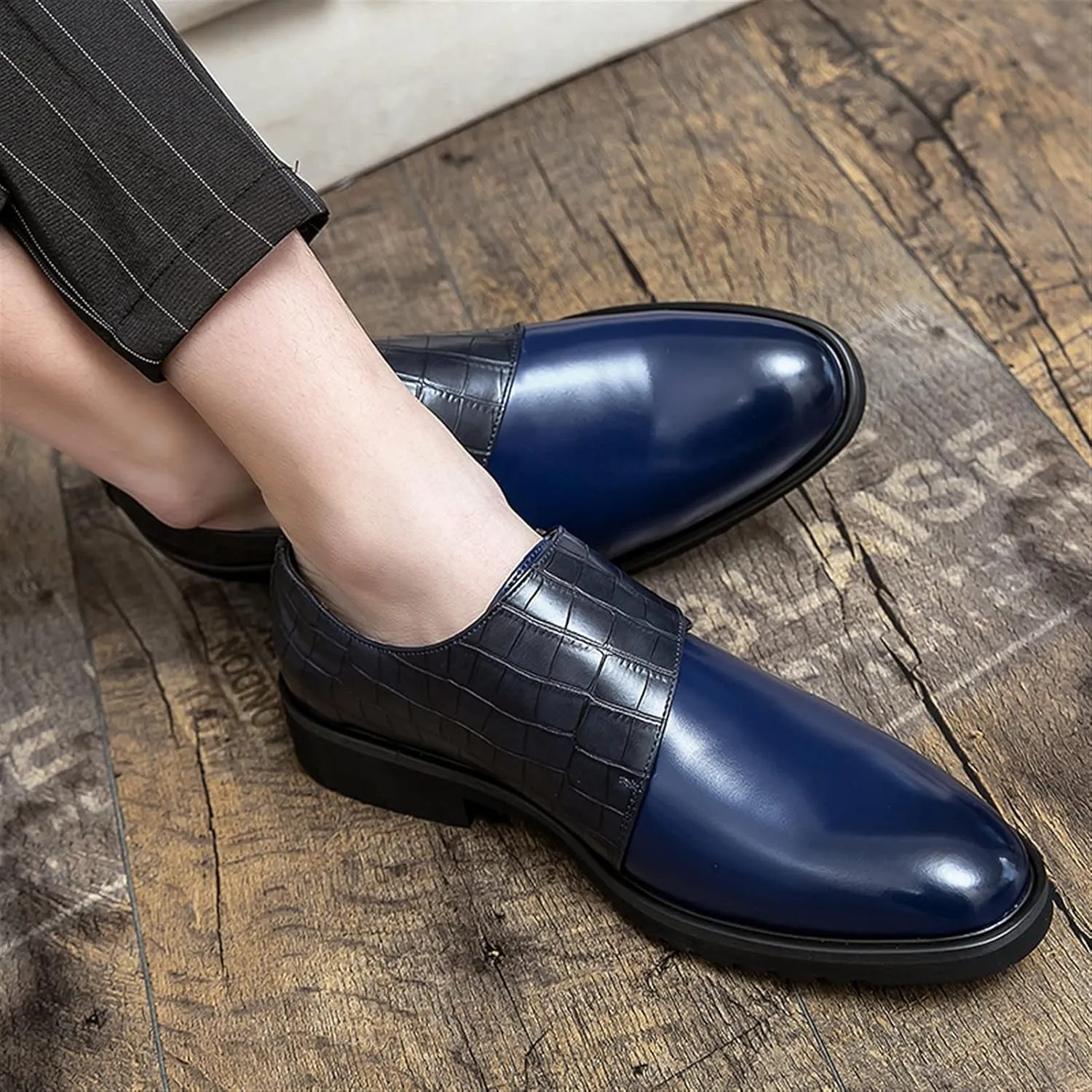 HOOENG Dress Formal Shoes for Men Slip On Patchwork Crocodile Print Round Burnished Toe PU Leather Non Slip Anti-Slip Rubber Sole Working