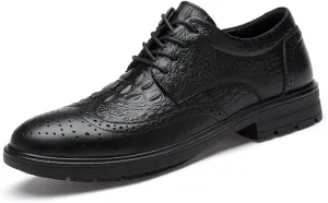 HOOENG Dress Oxford for Men Lace Up Crocodile Brogue Embossed Wing Tip Almond Toe Leather Slip Resistant Block Heel Non Slip Anti-Slip Classic (Color : Black, Size : 7.5)