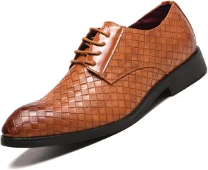 HOOENG Dress Shoes for Men Lace Up Round Toe Plaid Derby Shoes PU Leather Anti-Slip Rubber Sole Slip Resistant Low Top Prom (Color : Yellow, Size : 11)