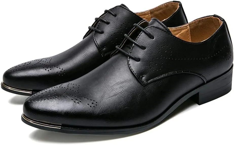 HOOENG Formal Dress Shoes for Men Lace Up 3-Eye Synthetic Leather Pointed Toe Derby Shoes Low Top Block Heel Non Slip Anti-Slip Wedding