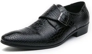 HOOENG Formal Shoes for Men Slip On Pointed Burnished Toe Faux Leather Crocodile Print Monk Strap Block Heel Slip Resistant Anti-Slip Outdoor(Color:Black,Size:9)
