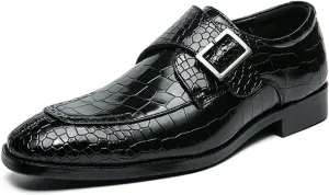 HOOENG Formal Shoes for Men Slip on Split Toe Crocodile Embossed Monk Strap Leather Anti-Slip Low Top Rubber Sole Non Slip Walking (Color : Black, Size : 7.5)