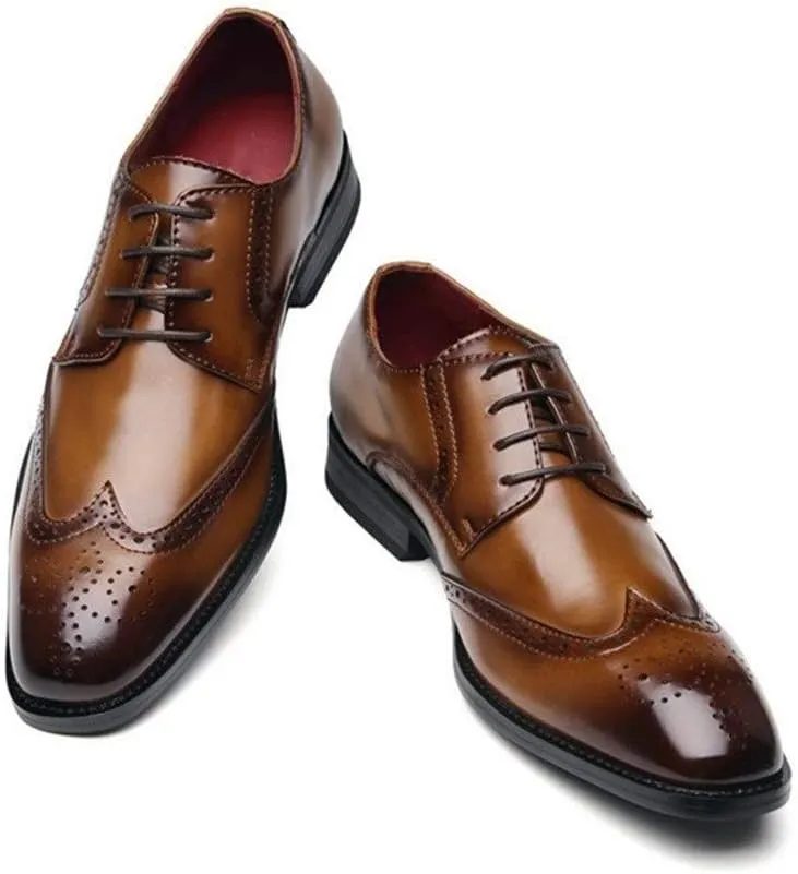HOOENG Oxford Formal Shoes for Men Lace Up Wing Tip Brogue Derby Shoes Cowhide Block Heel Low Top Slip Resistant Anti-Slip Prom