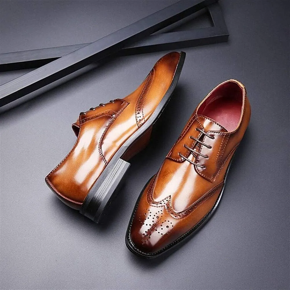 HOOENG Oxford Formal Shoes for Men Lace Up Wing Tip Brogue Derby Shoes Cowhide Block Heel Low Top Slip Resistant Anti-Slip Prom