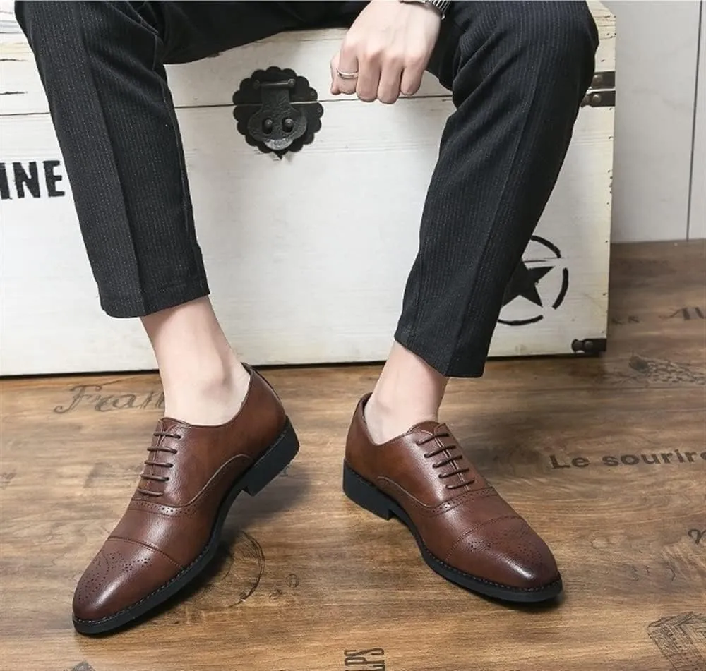 HOOENG Shoes Dress Oxford for Men Lace Up Round Cap Toe Burnished Toe Vegan Leather Rubber Sole Anti-Slip Block Heel Non Slip Business