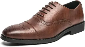 HOOENG Shoes Dress Oxford for Men Lace Up Round Cap Toe Burnished Toe Vegan Leather Rubber Sole Anti-Slip Block Heel Non Slip Business