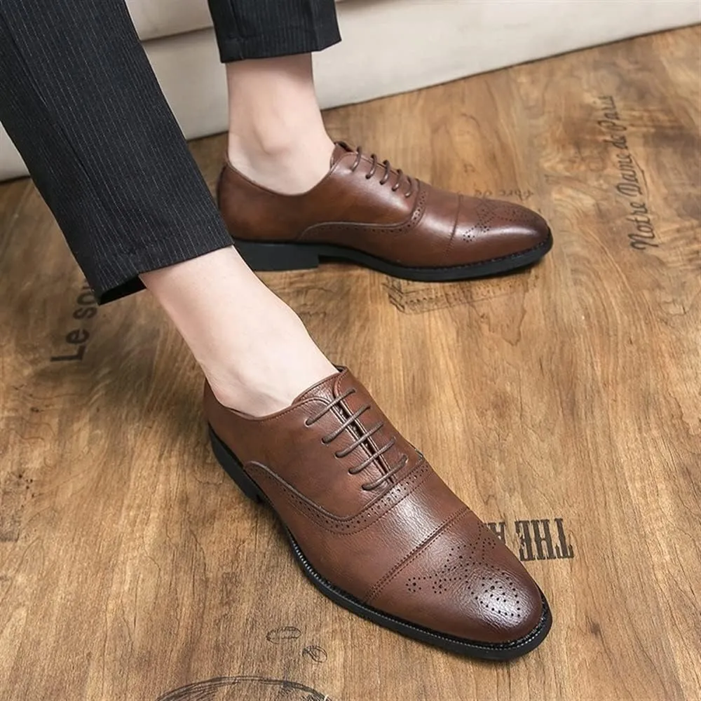 HOOENG Shoes Dress Oxford for Men Lace Up Round Cap Toe Burnished Toe Vegan Leather Rubber Sole Anti-Slip Block Heel Non Slip Business