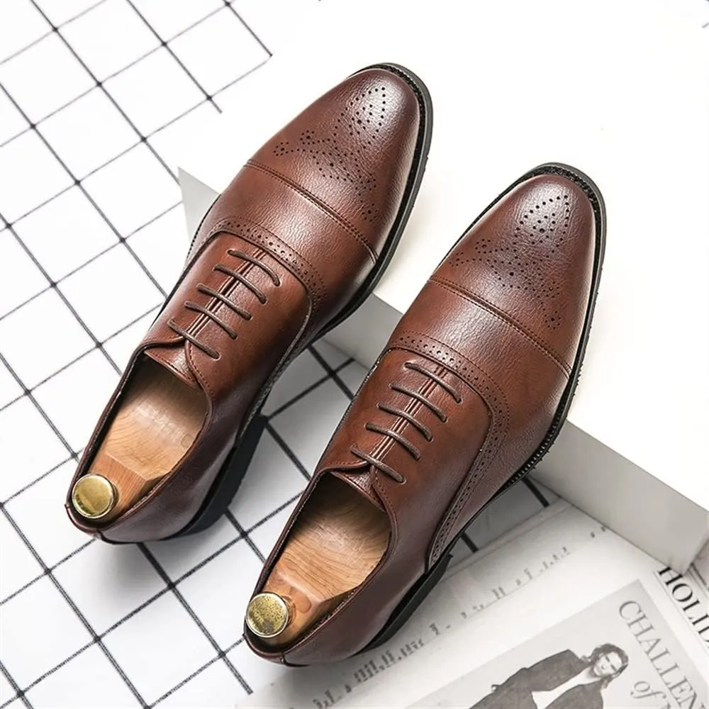 HOOENG Shoes Dress Oxford for Men Lace Up Round Cap Toe Burnished Toe Vegan Leather Rubber Sole Anti-Slip Block Heel Non Slip Business