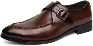 HOOENG Shoes Dress Oxford for Men Slip On Round Split Toe Monk Strap Faux Leather Block Heel Anti-Slip Low Top Rubber Sole Slip Resistant Walking (Color : Brown, Size : 7)